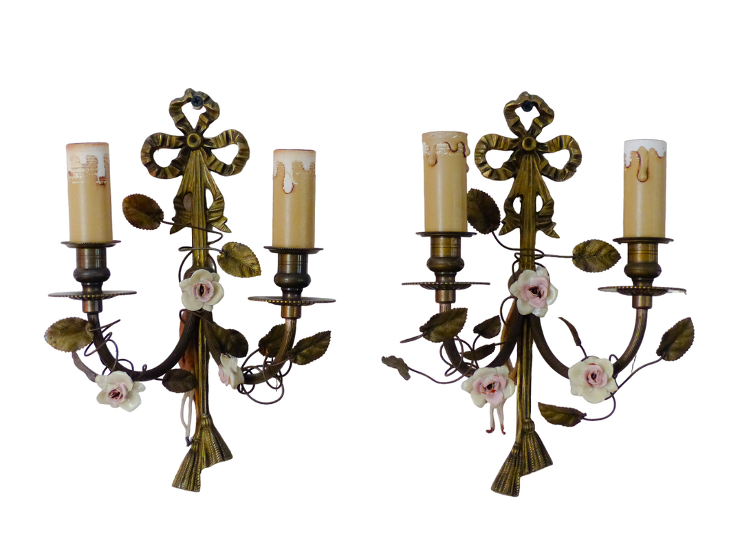 Antique Pair Wall Light Sconces Bronze Brass 1930 Porcelain Flowers Foliage