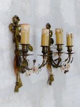 Load image into Gallery viewer, Antique Pair Wall Light Sconces Bronze Brass 1930 Porcelain Flowers Foliage
