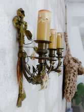 Load image into Gallery viewer, Antique Pair Wall Light Sconces Bronze Brass 1930 Porcelain Flowers Foliage
