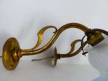 Load image into Gallery viewer, Antique PAIR French Gilded Brass Wall Light Sconce Blue Glass Shade 1930
