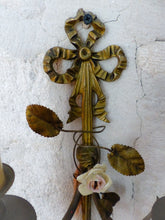 Load image into Gallery viewer, Antique Pair Wall Light Sconces Bronze Brass 1930 Porcelain Flowers Foliage
