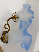 Load image into Gallery viewer, Antique PAIR French Gilded Brass Wall Light Sconce Blue Glass Shade 1930
