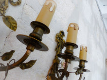 Load image into Gallery viewer, Antique Pair Wall Light Sconces Bronze Brass 1930 Porcelain Flowers Foliage
