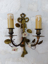 Load image into Gallery viewer, Antique Pair Wall Light Sconces Bronze Brass 1930 Porcelain Flowers Foliage
