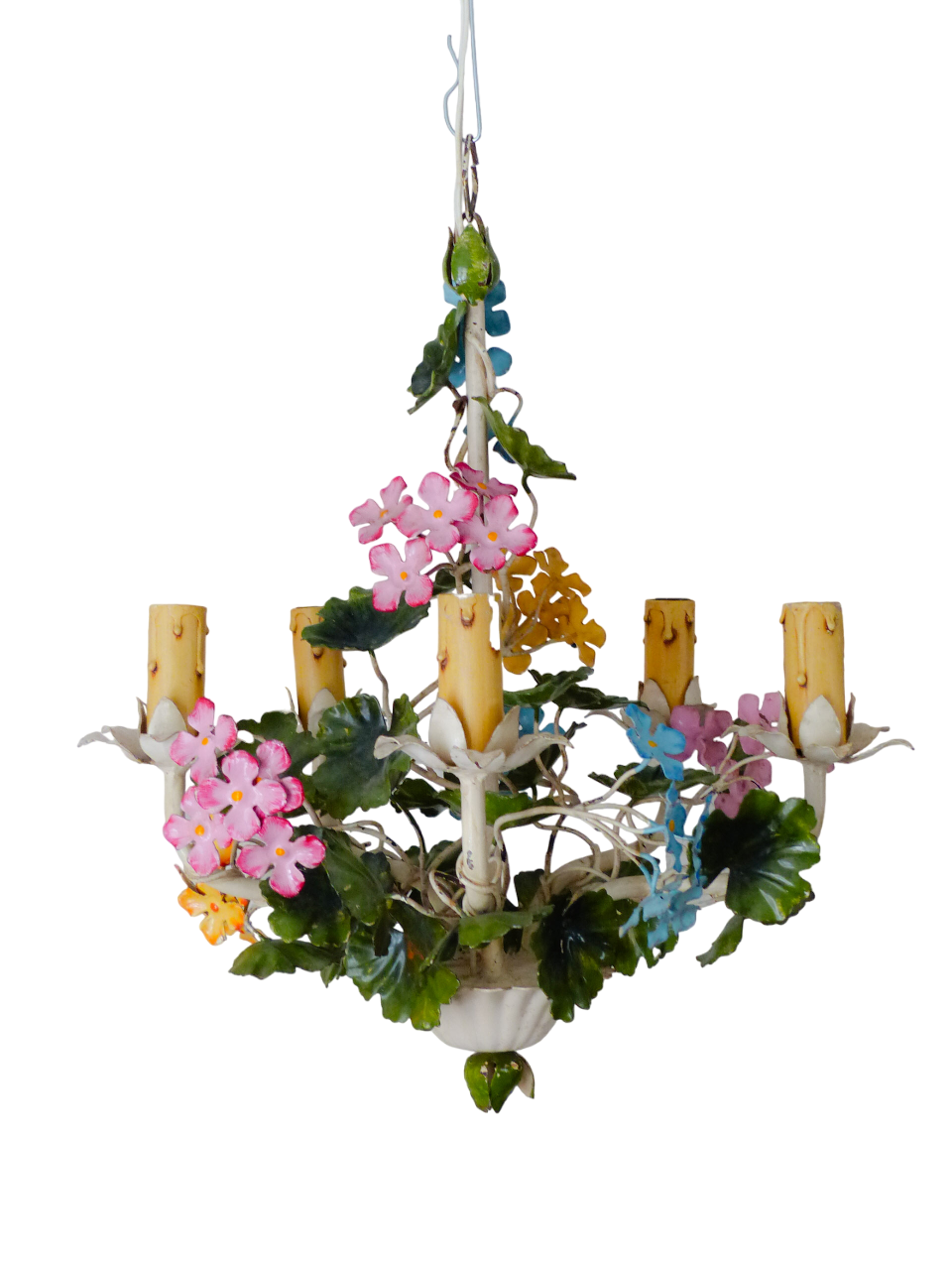 Charming Florentine Chandelier Enameled Metal Tole Flowers 50's Italian Ceiling