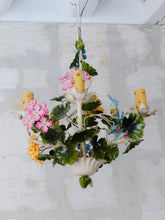 Load image into Gallery viewer, Charming Florentine Chandelier Enameled Metal Tole Flowers 50&#39;s Italian Ceiling
