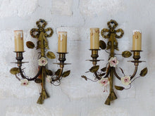 Load image into Gallery viewer, Antique Pair Wall Light Sconces Bronze Brass 1930 Porcelain Flowers Foliage
