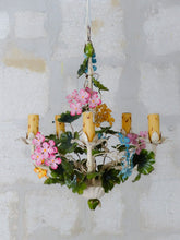 Load image into Gallery viewer, Charming Florentine Chandelier Enameled Metal Tole Flowers 50&#39;s Italian Ceiling
