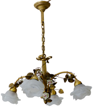 Load image into Gallery viewer, Antique FRENCH Bronze CHANDELIER Porcelaine Pink ROSES / Frosted White SHADES
