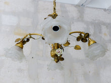 Load image into Gallery viewer, Antique FRENCH Bronze CHANDELIER Porcelaine Pink ROSES / Frosted White SHADES
