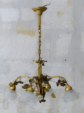 Load image into Gallery viewer, Antique FRENCH Bronze CHANDELIER Porcelaine Pink ROSES / Frosted White SHADES
