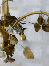 Load image into Gallery viewer, Antique FRENCH Bronze CHANDELIER Porcelaine Pink ROSES / Frosted White SHADES
