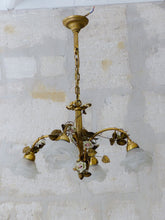 Load image into Gallery viewer, Antique FRENCH Bronze CHANDELIER Porcelaine Pink ROSES / Frosted White SHADES
