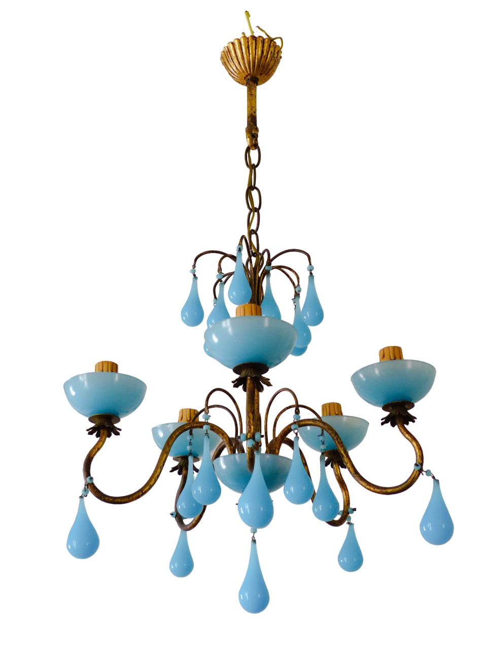 Antique Chandelier Aqua Blue Opaline Drops Cup Beads 1930 MURANO RARE 5 lights