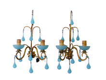 Load image into Gallery viewer, MURANO Antique PAIR Wall Light Aqua Blue Opaline Drops Cup Bead 1930 Chandelier
