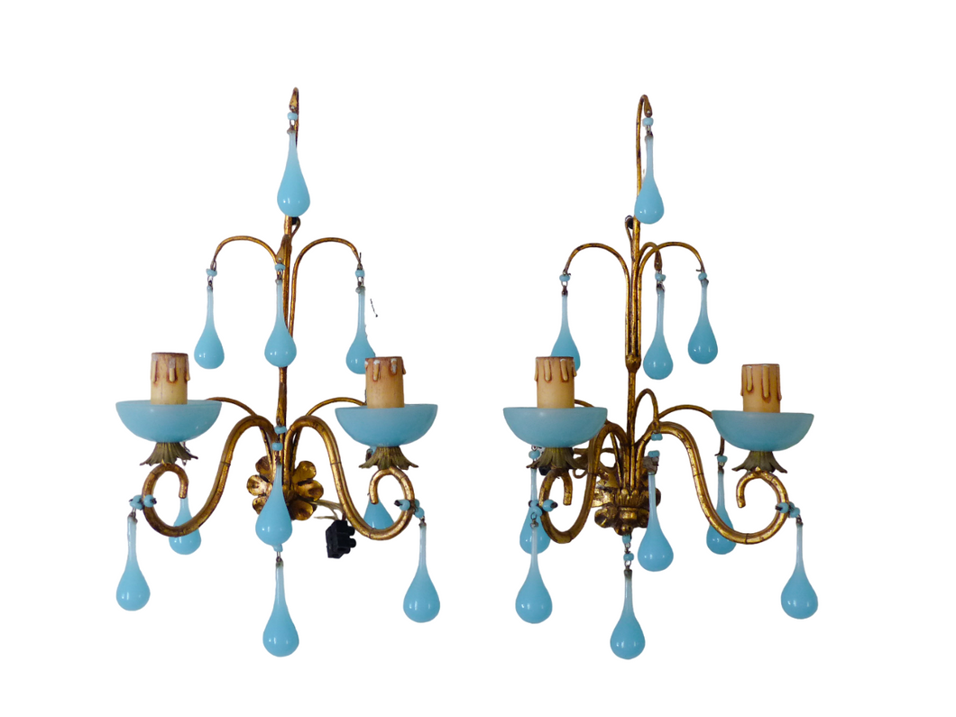 MURANO Antique PAIR Wall Light Aqua Blue Opaline Drops Cup Bead 1930 Chandelier