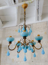 Load image into Gallery viewer, Antique Chandelier Aqua Blue Opaline Drops Cup Beads 1930 MURANO RARE 5 lights
