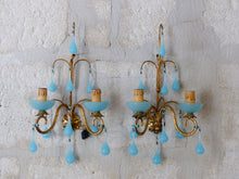 Load image into Gallery viewer, MURANO Antique PAIR Wall Light Aqua Blue Opaline Drops Cup Bead 1930 Chandelier
