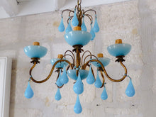 Load image into Gallery viewer, Antique Chandelier Aqua Blue Opaline Drops Cup Beads 1930 MURANO RARE 5 lights
