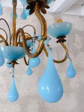 Load image into Gallery viewer, Antique Chandelier Aqua Blue Opaline Drops Cup Beads 1930 MURANO RARE 5 lights
