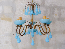 Load image into Gallery viewer, Antique Chandelier Aqua Blue Opaline Drops Cup Beads 1930 MURANO RARE 5 lights
