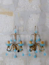 Load image into Gallery viewer, MURANO Antique PAIR Wall Light Aqua Blue Opaline Drops Cup Bead 1930 Chandelier
