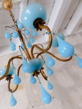 Load image into Gallery viewer, Antique Chandelier Aqua Blue Opaline Drops Cup Beads 1930 MURANO RARE 5 lights
