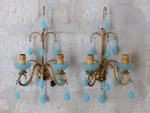 Load image into Gallery viewer, MURANO Antique PAIR Wall Light Aqua Blue Opaline Drops Cup Bead 1930 Chandelier
