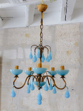 Load image into Gallery viewer, Antique Chandelier Aqua Blue Opaline Drops Cup Beads 1930 MURANO RARE 5 lights
