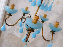 Load image into Gallery viewer, Antique Chandelier Aqua Blue Opaline Drops Cup Beads 1930 MURANO RARE 5 lights
