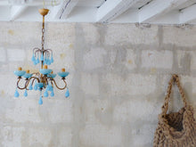 Load image into Gallery viewer, Antique Chandelier Aqua Blue Opaline Drops Cup Beads 1930 MURANO RARE 5 lights
