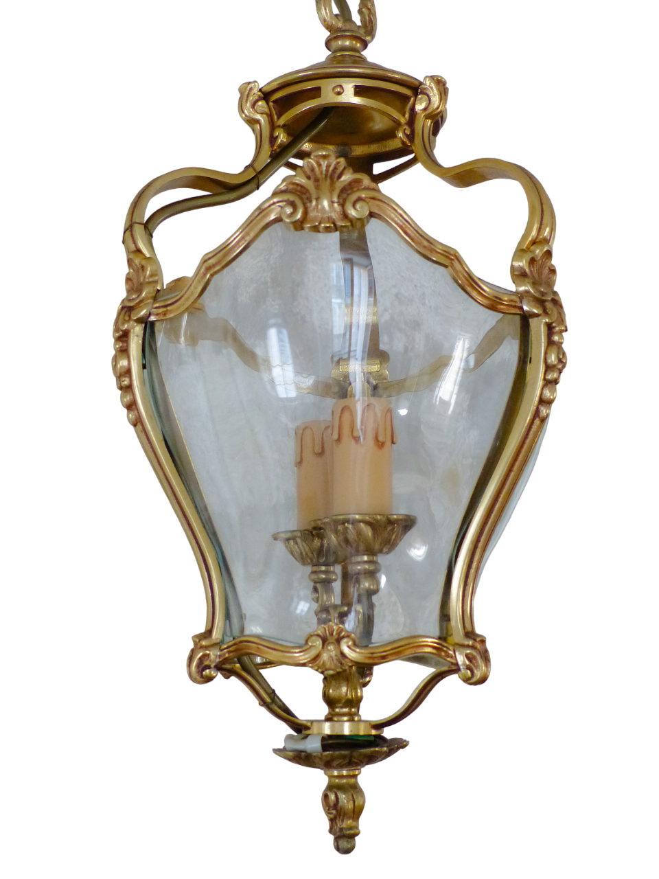 Charming Vintage French Hall Lantern Chandelier Ceiling Gilded Bronze Curved 2