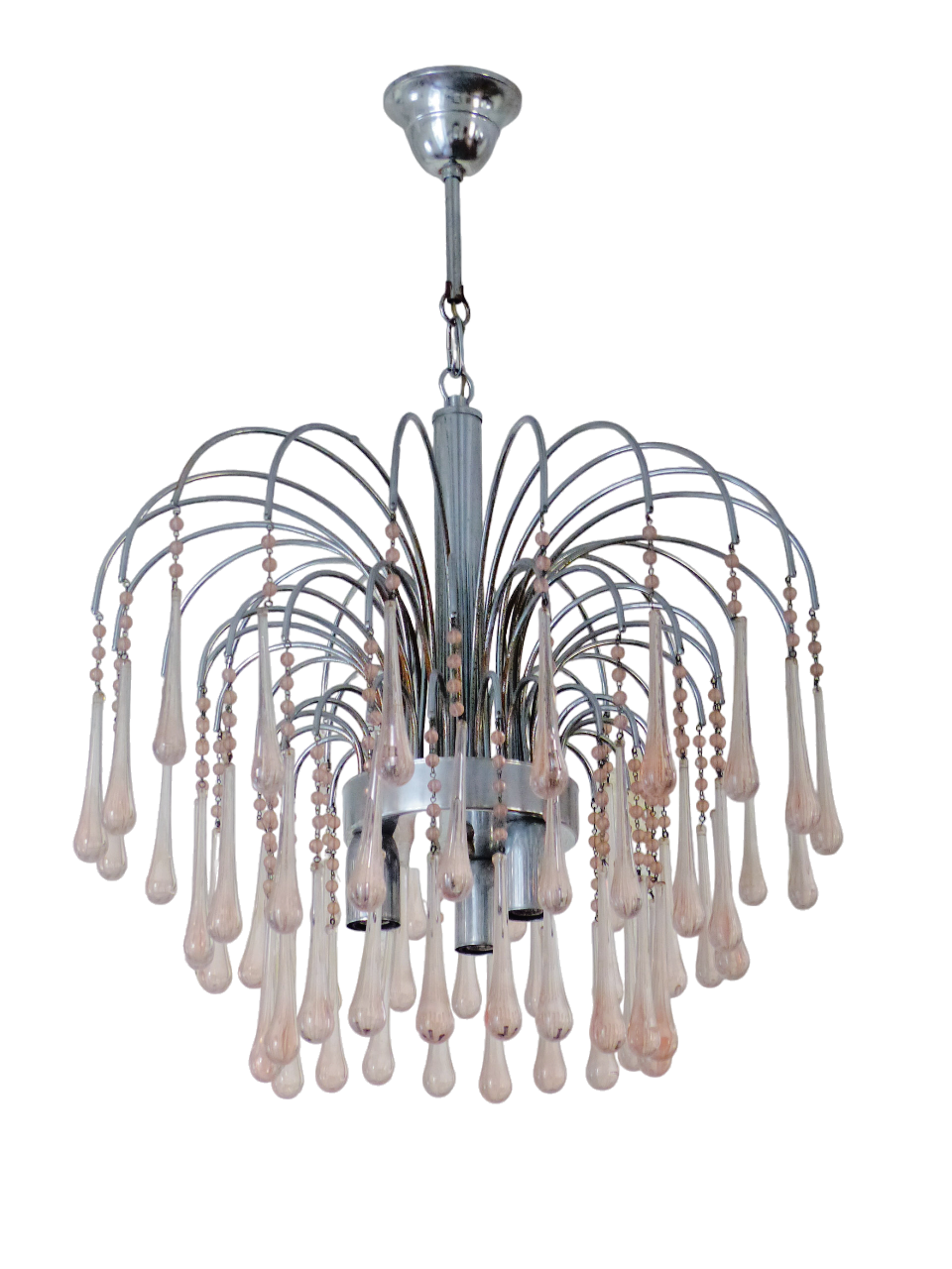 Vintage Waterfall Chandelier Pink Glass Drops 1970 MURANO Chrome VENINI Ceiling