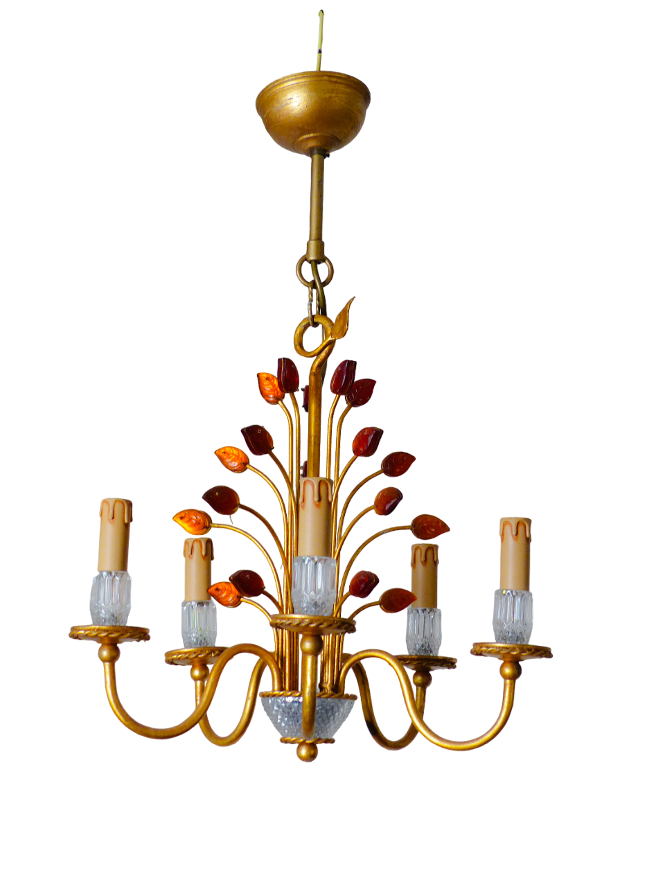 BANCI Firenze Gorgeous Mid-Century Gilt Iron Chandelier Floral Crystal 5 Fires