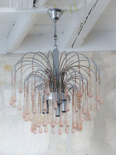 Load image into Gallery viewer, Vintage Waterfall Chandelier Pink Glass Drops 1970 MURANO Chrome VENINI Ceiling
