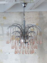 Load image into Gallery viewer, Vintage Waterfall Chandelier Pink Glass Drops 1970 MURANO Chrome VENINI Ceiling
