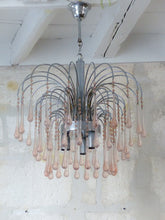 Load image into Gallery viewer, Vintage Waterfall Chandelier Pink Glass Drops 1970 MURANO Chrome VENINI Ceiling
