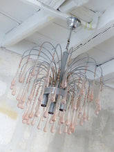 Load image into Gallery viewer, Vintage Waterfall Chandelier Pink Glass Drops 1970 MURANO Chrome VENINI Ceiling
