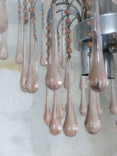 Load image into Gallery viewer, Vintage Waterfall Chandelier Pink Glass Drops 1970 MURANO Chrome VENINI Ceiling
