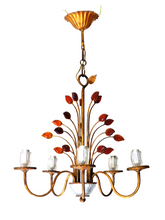 Load image into Gallery viewer, BANCI Firenze Gorgeous Mid-Century Gilt Iron Chandelier Floral Crystal 5 Fires 2
