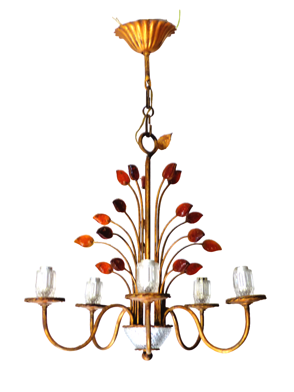 BANCI Firenze Gorgeous Mid-Century Gilt Iron Chandelier Floral Crystal 5 Fires 2