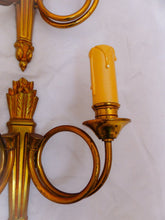 Load image into Gallery viewer, Antique PAIR French Louis XVI Wall Light Sconce Hunting Horn Torch Gilded Bronze
