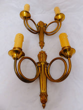 Load image into Gallery viewer, Antique PAIR French Louis XVI Wall Light Sconce Hunting Horn Torch Gilded Bronze
