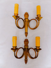 Load image into Gallery viewer, Antique PAIR French Louis XVI Wall Light Sconce Hunting Horn Torch Gilded Bronze
