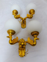 Load image into Gallery viewer, Gorgeous Antique PAIRE Empire Wall Light Opaline RARE 2 Light Swan Bronze 1920
