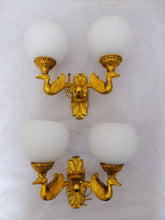 Load image into Gallery viewer, Gorgeous Antique PAIRE Empire Wall Light Opaline RARE 2 Light Swan Bronze 1920
