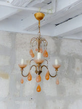 Load image into Gallery viewer, Antique Chandelier Peachy Pink Opaline Drops cup beads 1930 Murano Rare 3 lights
