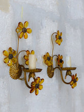 Load image into Gallery viewer, Gorgeous Vintage Italian Pair Wall Light Sconces Gilded Prisms Flowers 1950
