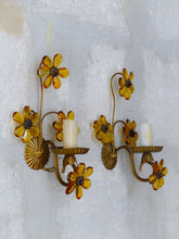 Load image into Gallery viewer, Gorgeous Vintage Italian Pair Wall Light Sconces Gilded Prisms Flowers 1950
