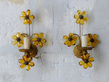 Load image into Gallery viewer, Gorgeous Vintage Italian Pair Wall Light Sconces Gilded Prisms Flowers 1950
